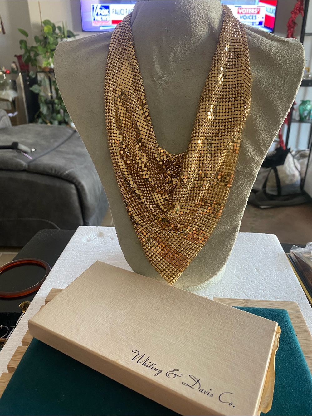 Whiting & Davis Metal Mesh Gold Bib Necklace w/ Box